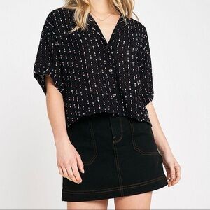 Urban Outfitters Black Printed Button Front Short Sleeve Top
